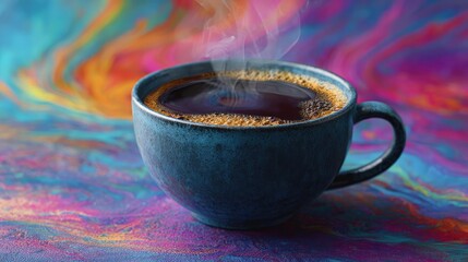 First sip with mellow coffee props concept. A steaming cup of coffee on a colorful abstract background.