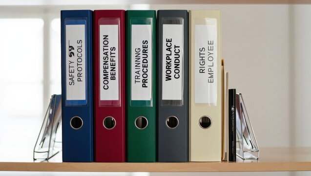 Organized File Binders on a Shelf Featuring Various Important Workplace Documentation for Employee Rights and Conduct Procedures
