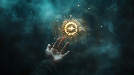 Mystical timepiece floating above an outstretched hand amidst swirling smoke and ethereal light