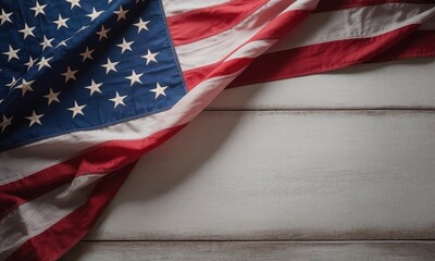 American flag draped on rustic white wood background