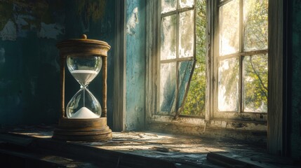 Hourglass resting on a dusty windowsill with sunlight filtering through old glass in an abandoned room