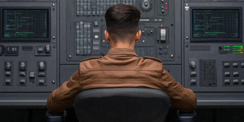  person in a brown jacket sits in front of multiple computer monitors and control panels, monitoring data and systems in a high-tech control room.