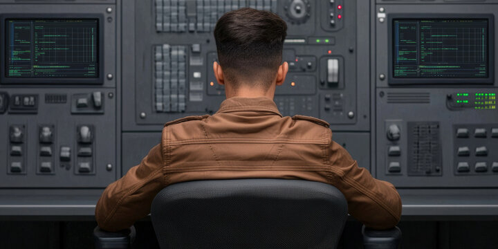 person in a brown jacket sits in front of multiple computer monitors and control panels, monitoring data and systems in a high-tech control room.
