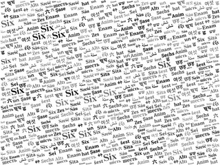 Multilingual "Six" Word Cloud Illustration for Numerical and Educational Themes