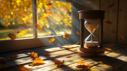 Autumn sunlight streaming through a window with an hourglass and falling leaves on a wooden table