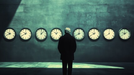 Man contemplates multiple clocks in a dimly lit room that reflects the passage of time during contemplative hours