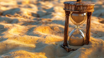 Hourglass resting on sandy surface at sunset creates a serene moment symbolizing the passage of time