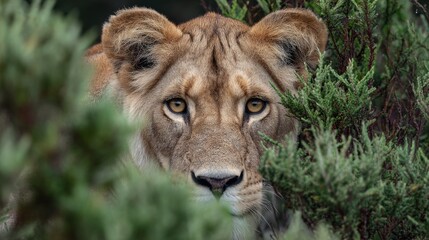 Fototapeta premium Lioness staring through dense green bushes in natural wilderness habitat.