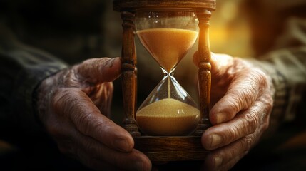 Hands gently hold a wooden hourglass filled with golden sand in soft light, symbolizing the passage of time