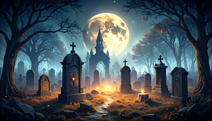 Eerie Cemetery Moonlight: Halloween Night Graveyard Spooky Scene