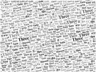 Multilingual "Three" Word Cloud Illustration for Numerical and Educational Themes