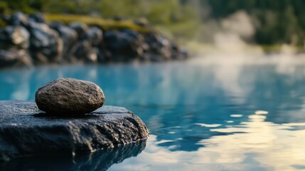 Tranquil geothermal pool with a smooth stone resting on a rock water steam and a soft blue hue evoking relaxation and natural beauty in a serene setting
