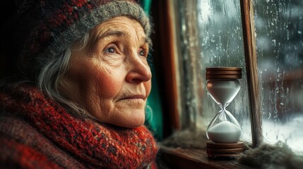 Elderly woman gazing thoughtfully out the window while an hourglass sits beside her in a cozy cabin during a rainy afternoon