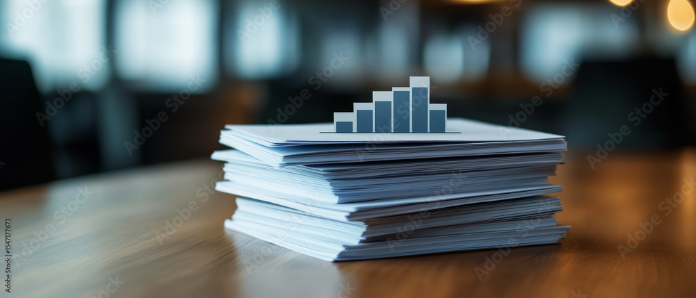Poster stack of paper with graph representation on top inside an office environment