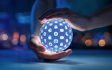 Blue glowing sphere digital icons global network hands