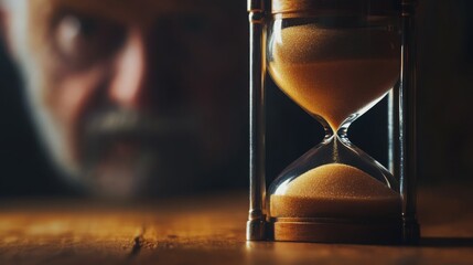 Contemplation of time with an hourglass reflecting on life and aging in a dimly lit room