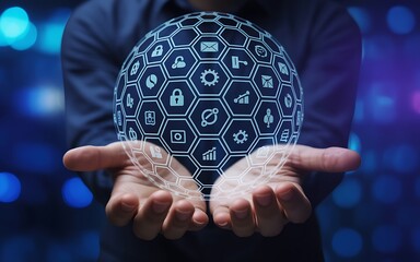 Two Hands Holding a Digital Globe with Hexagon Icons