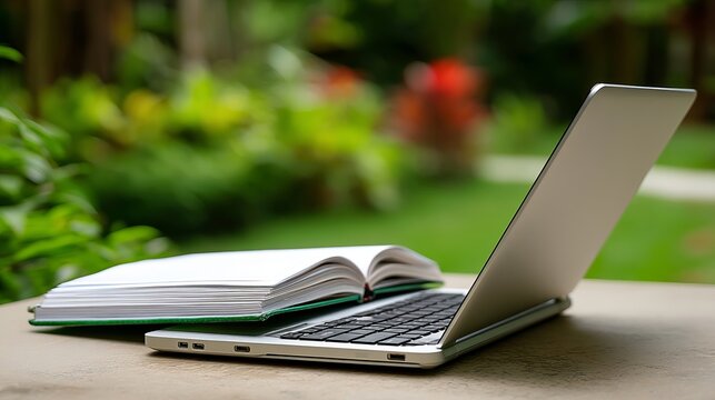 A silver laptop and open notebook placed on a wooden table outdoors in a lush garden setting - Powered by Adobe