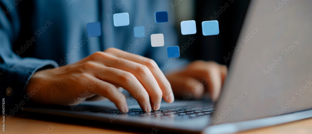 Poster hands typing on laptop with abstract data visualization elements in background