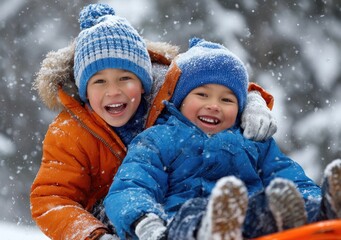 two young boys, one in an orange jacket and blue beanie holding the other boy's shoulder while sledding down a hill on a winter day