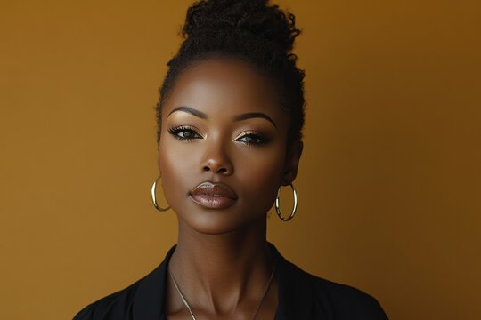 Fashionable African American woman posing against a brown background, showcasing her personal style with elegance and grace, Generative AI