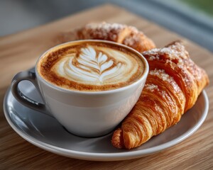 Coffee and croissants on a wooden table