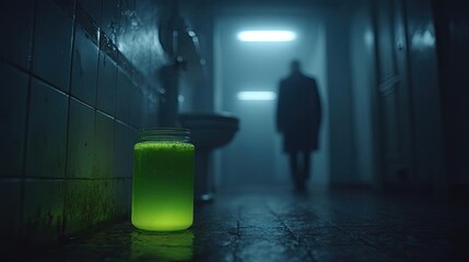 Tainted food from improper handling and toilet rush concept. A mysterious figure walks through a dimly lit corridor.