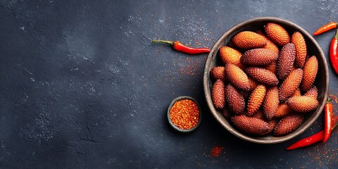 Overhead shot of salak fruit in a bowl, chili peppers, and red pepper flakes on a dark textured background