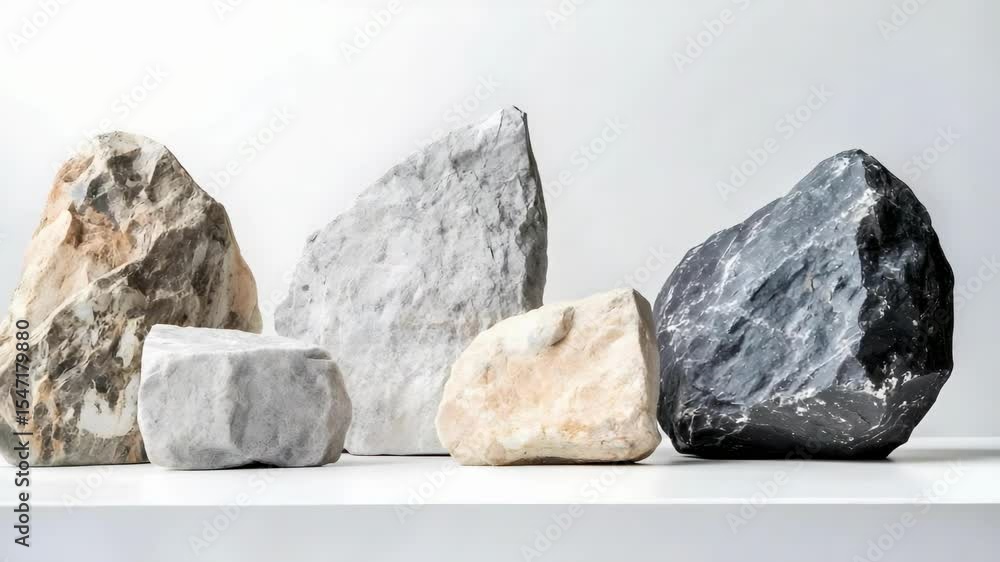 Poster various sizes and types of rocks displayed on a shelf against a light background.