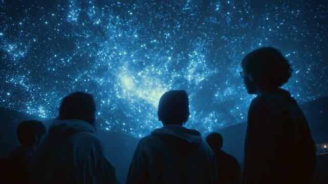 Group of friends observing starry night sky in planetarium setting  