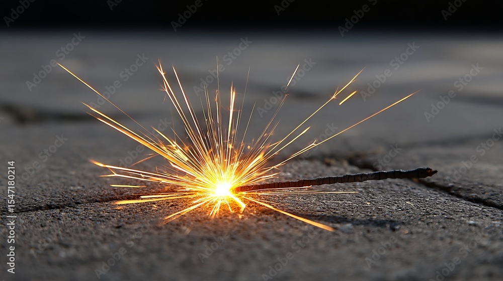 Poster close-up of a spark igniting on a rough surface with bright, dynamic sparks flying outward