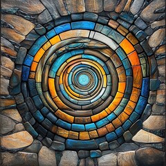 Fototapeta premium Abstract Concentric Stone Mosaic in Blue, Orange, and Brown Tones