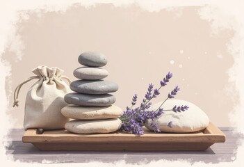 Stacked pebbles and lavender pouch on a wooden tray