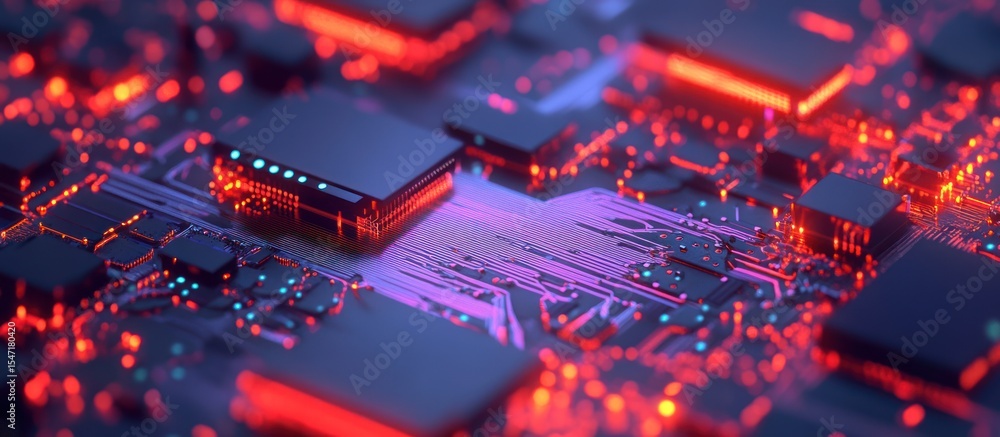 Poster intricate motherboard architecture displaying advanced technology circuits and glowing components