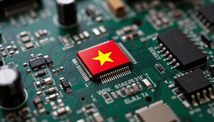 Obraz premium Vietnam flag on Microchip processor on electronic board for important component in computer smartphone, Vietnam become global manufacturing and supply chain replace China due to labor cost