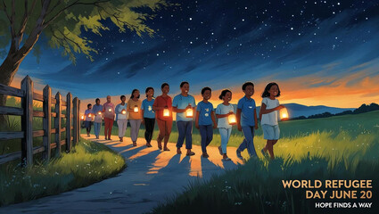 World Refugee Day Illustration Group of People Walking with Lanterns at Night Hope and Solidarity Concept Art