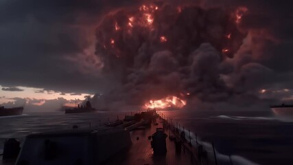 Dramatic Seascape with Warships and Massive Explosions Under a Dark Cloudscape at Sunset Emphasizing Naval Warfare and Conflict