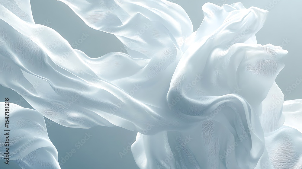 Poster elegant white fabric floating against soft blue backdrop creates delicate abstract waves and smooth 