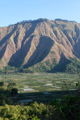 Majestic view of Pergasingan Hill glowing under soft morning light, seen from Selong Hill in Sembalun, Lombok—where dramatic ridgelines meet tranquil rural charm.