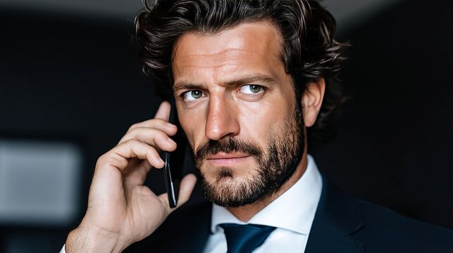 Confident businessman with a beard and formal attire talking on a mobile phone