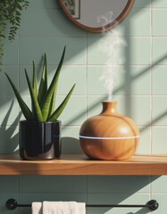 Aroma diffuser and aloe plant on a bathroom shelf, creating a calming atmosphere