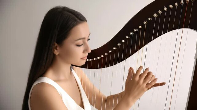 Young musician showcases talent playing harp in an elegant indoor setting