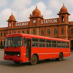 indian railway station and red red standing in front of station.