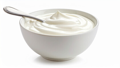 Creamy Yogurt in a Bowl with Spoon on White Background in a Clean and Minimal Food Style

