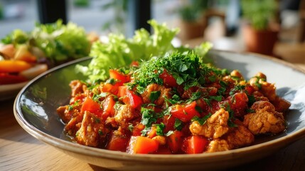 Tainted food from improper handling and toilet rush concept. A vibrant plate of spiced chicken with fresh herbs and vegetables.