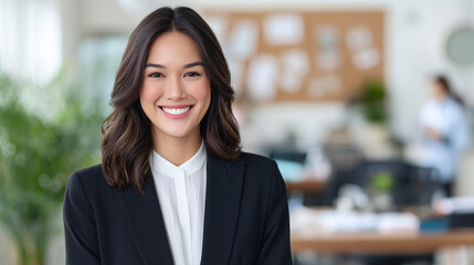 Obraz premium Confident Asian professional smiling warmly, embodying success and approachability in modern workplace.