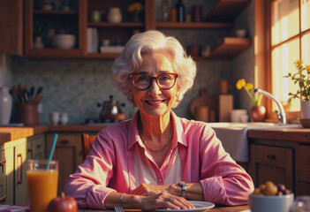 Senior woman in reading glasses enjoying a sunlit breakfast at home