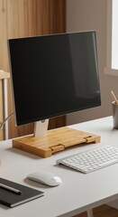 Naklejka premium Modern Minimalist Workspace with Bamboo Monitor Stand