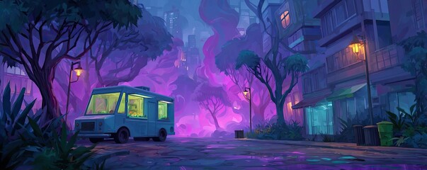 Vomiting episode from tainted food and poison exposure concept. A vibrant street scene with a food truck surrounded by trees.