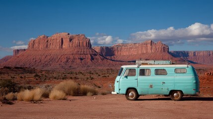 blue car driving on open road through scenic mountain landscape under blue sky. Road trip essentials, concept of travel and freedom